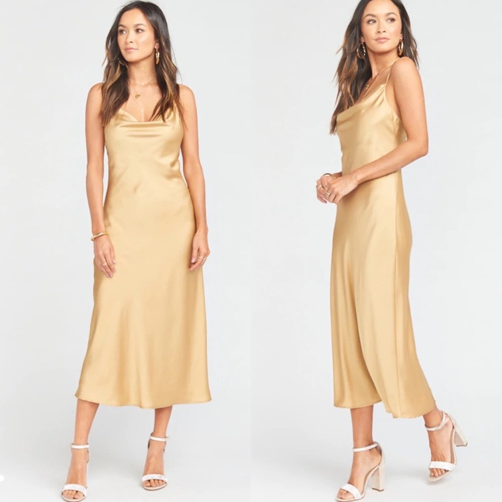 NEW Show Me Your Mumu Verona Cowl Dress True Gold Luxe Satin Size Small